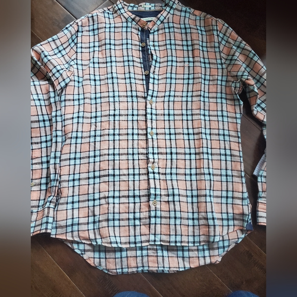 Stile Benetton  Pure Linen Slim fit dressy shirt orange and blue size medium